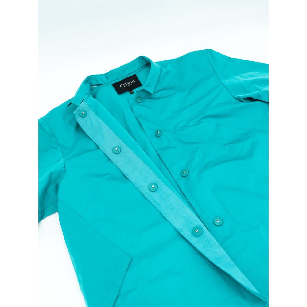 Lafayette 148 Womens L Button Up Shirt Green Teal 3/4 Sleeve Boxy Fit Top
